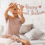 Perfect Occasion Pre-Strung Happy Sweet Sixteen Banner - Rose Gold Glitter, No DIY, 8 ft Strands