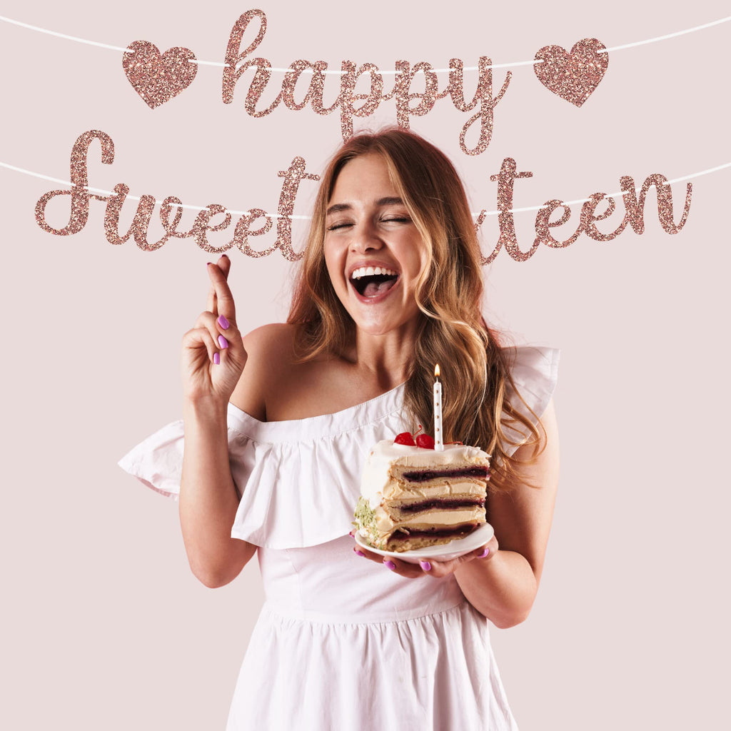 Perfect Occasion Pre-Strung Happy Sweet Sixteen Banner - Rose Gold Glitter, No DIY, 8 ft Strands
