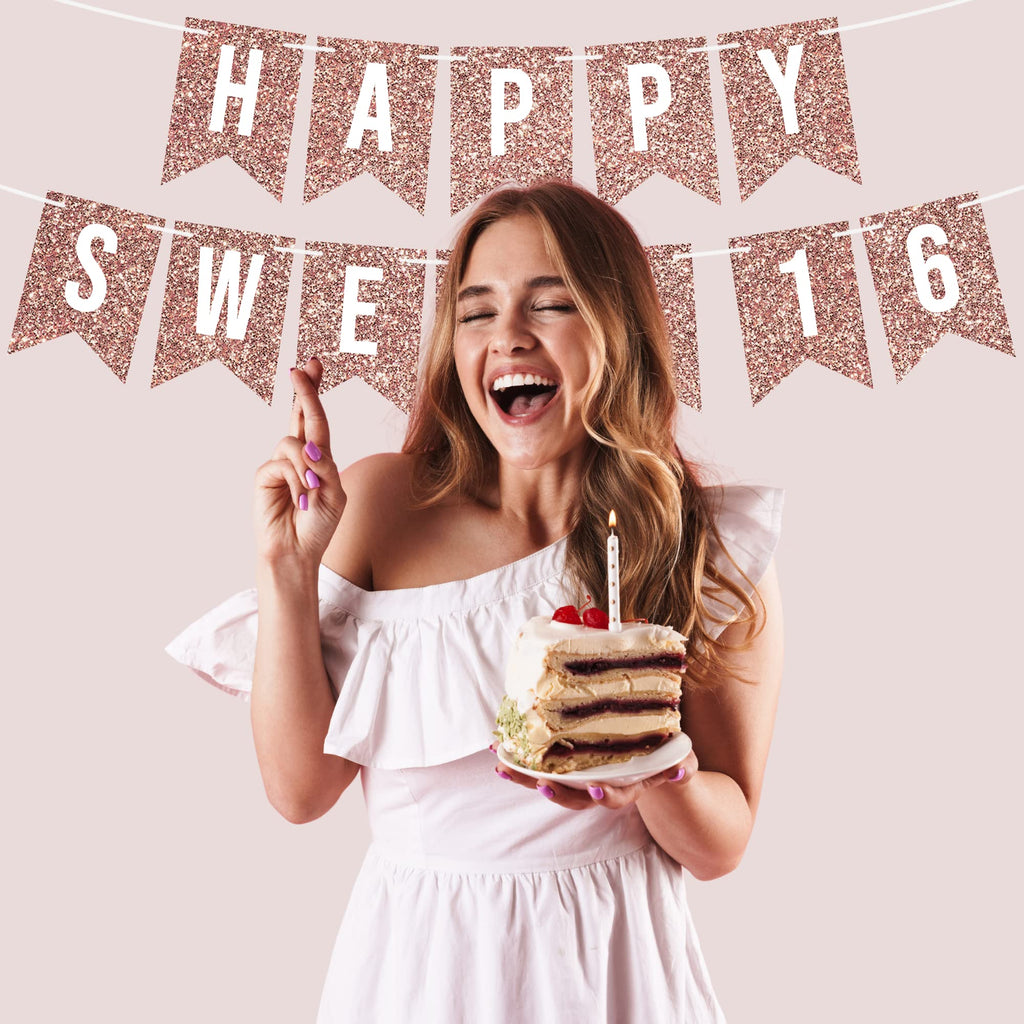 Perfect Occasion Pre-Strung Happy Sweet 16 Banner – No DIY, Rose Gold Glitter, 6 ft
