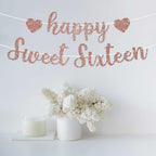 Perfect Occasion Pre-Strung Happy Sweet Sixteen Banner - Rose Gold Glitter, No DIY, 8 ft Strands