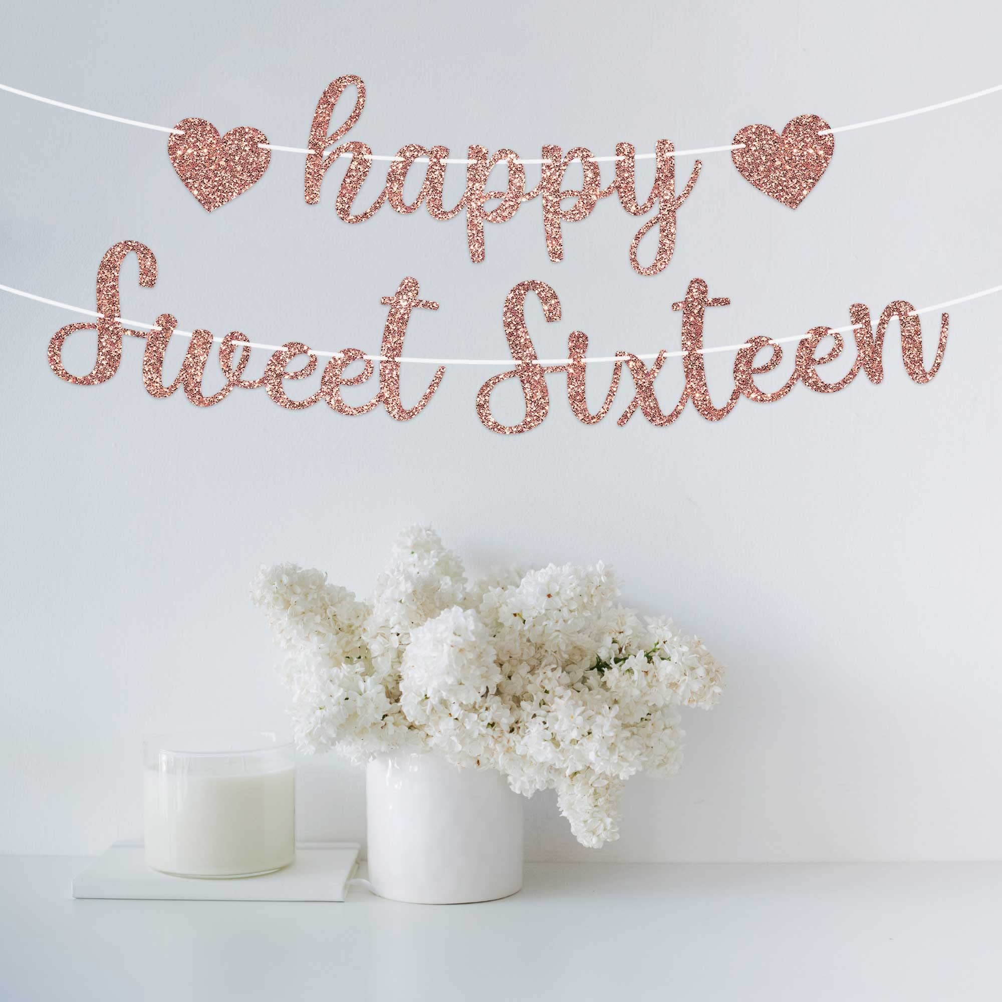 Perfect Occasion Pre-Strung Happy Sweet Sixteen Banner - Rose Gold Glitter, No DIY, 8 ft Strands