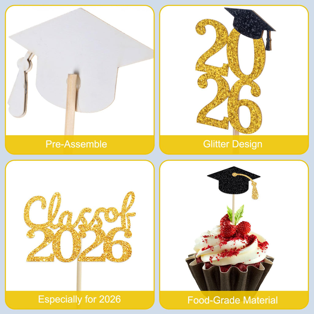 PERFQU 24 Pcs Graduation Cupcake Toppers 2026 – Class of 2026 Black Gold Cake Topper Set