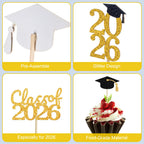 PERFQU 24 Pcs Graduation Cupcake Toppers 2026 – Class of 2026 Black Gold Cake Topper Set