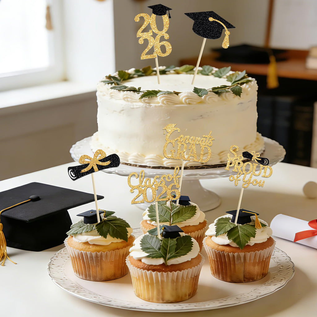 PERFQU 24 Pcs Graduation Cupcake Toppers 2026 – Class of 2026 Black Gold Cake Topper Set