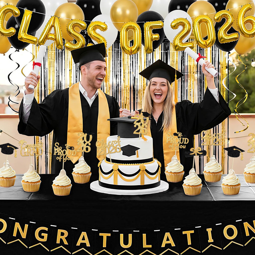 PERFQU 24 Pcs Graduation Cupcake Toppers 2026 – Class of 2026 Black Gold Cake Topper Set
