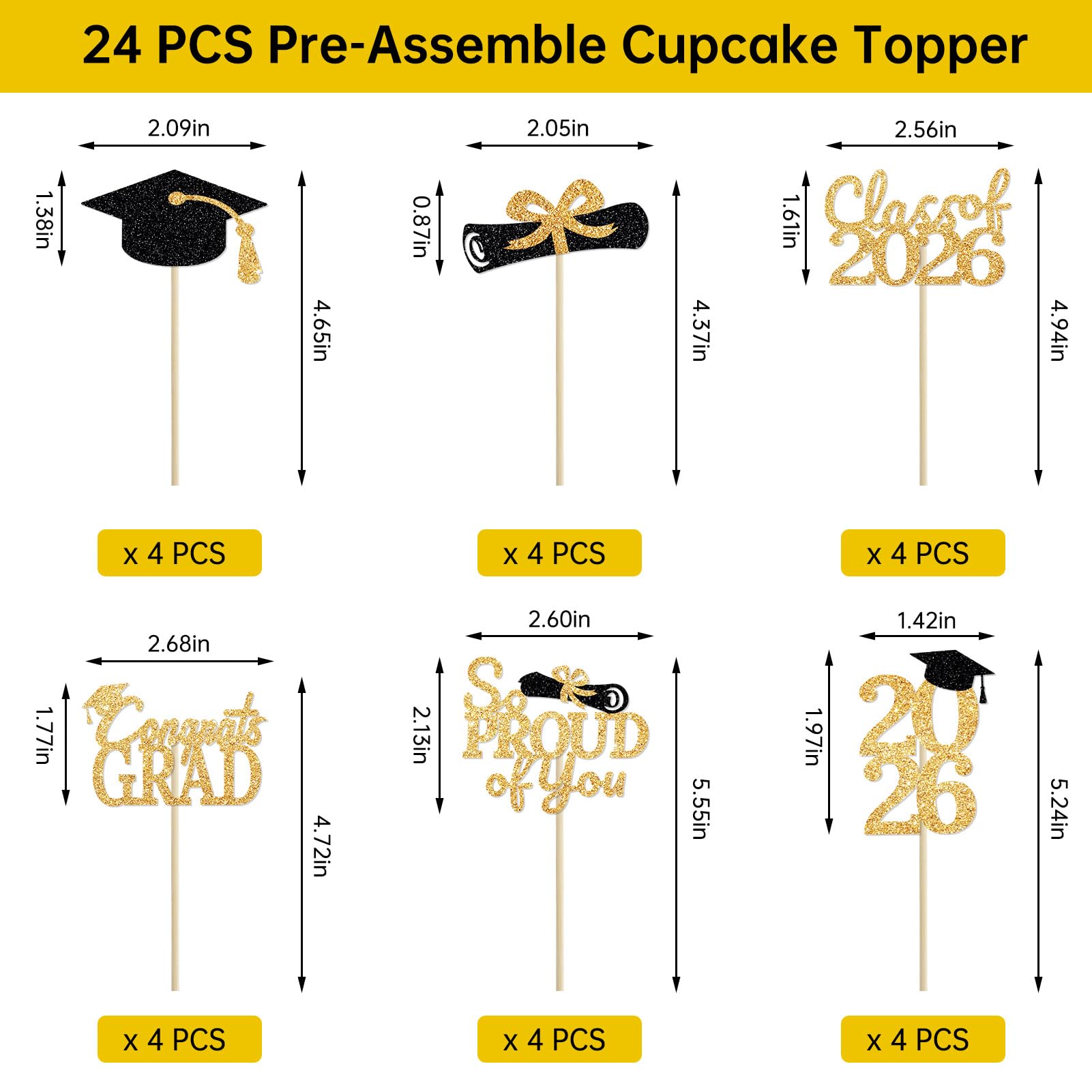 PERFQU 24 Pcs Graduation Cupcake Toppers 2026 – Class of 2026 Black Gold Cake Topper Set