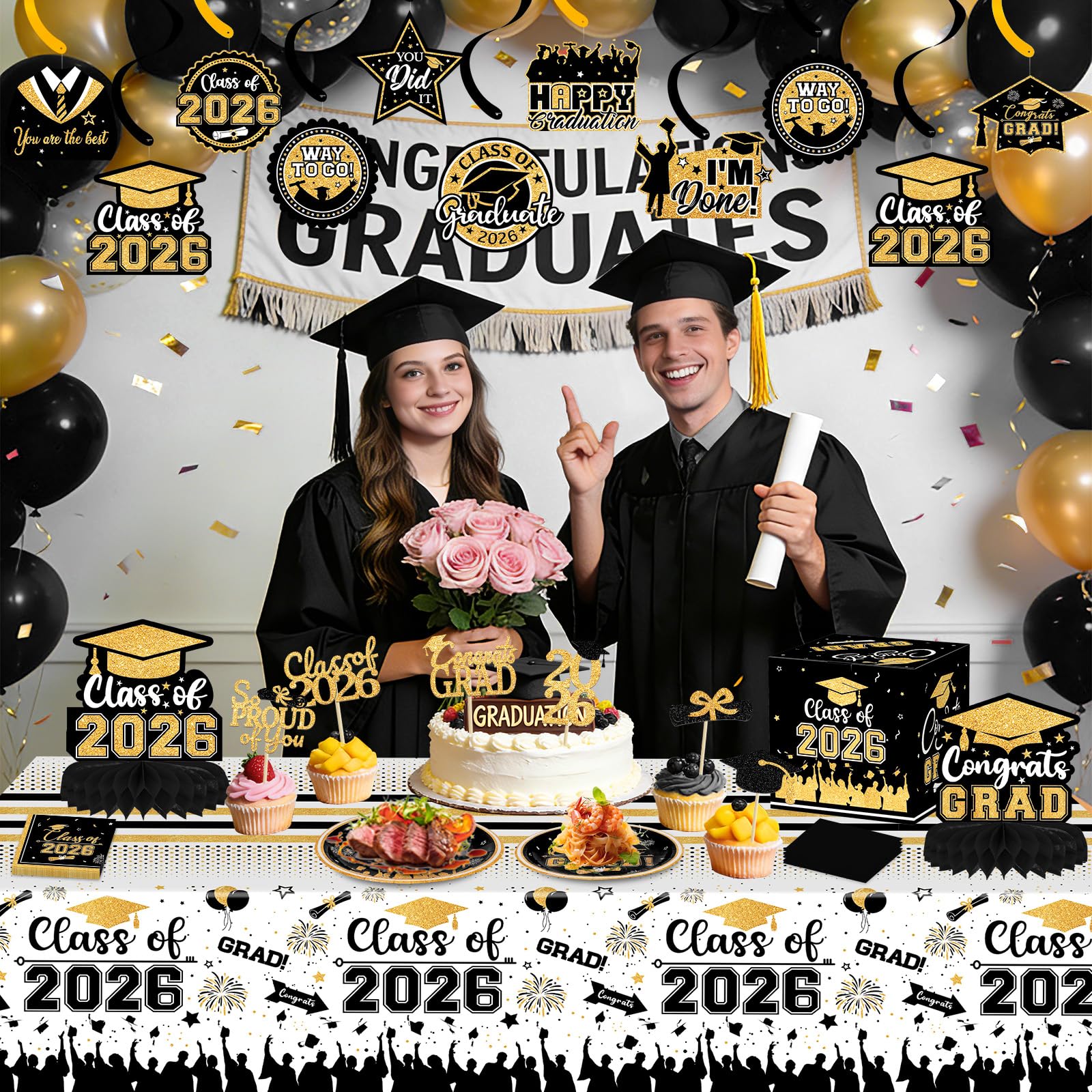 PERFQU 24 Pcs Graduation Cupcake Toppers 2026 – Class of 2026 Black Gold Cake Topper Set
