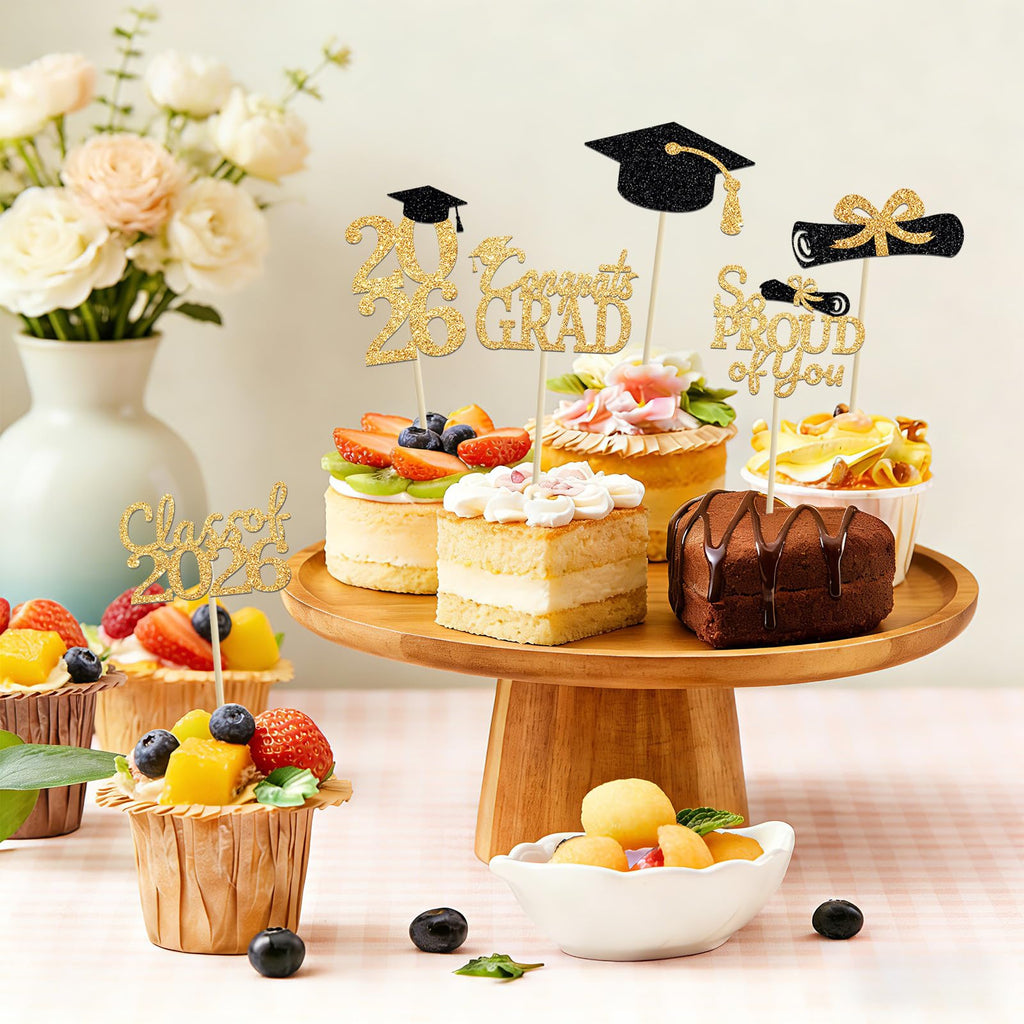 PERFQU 24 Pcs Graduation Cupcake Toppers 2026 – Class of 2026 Black Gold Cake Topper Set