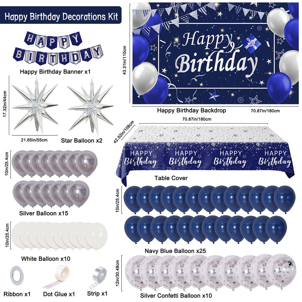 Perpetily Navy Blue Birthday Decorations Kit — 80 PCS Blue & Silver Party Supplies with Backdrop & Balloons