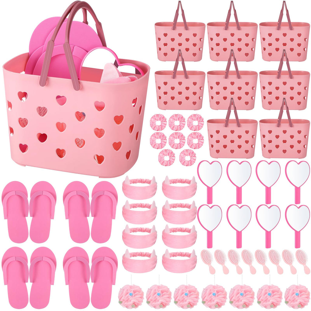Pickmesh 8-Set Spa Party Supplies Kit for Sleepovers — Pink Baskets, Heart Mirrors, Cat Ear Headbands