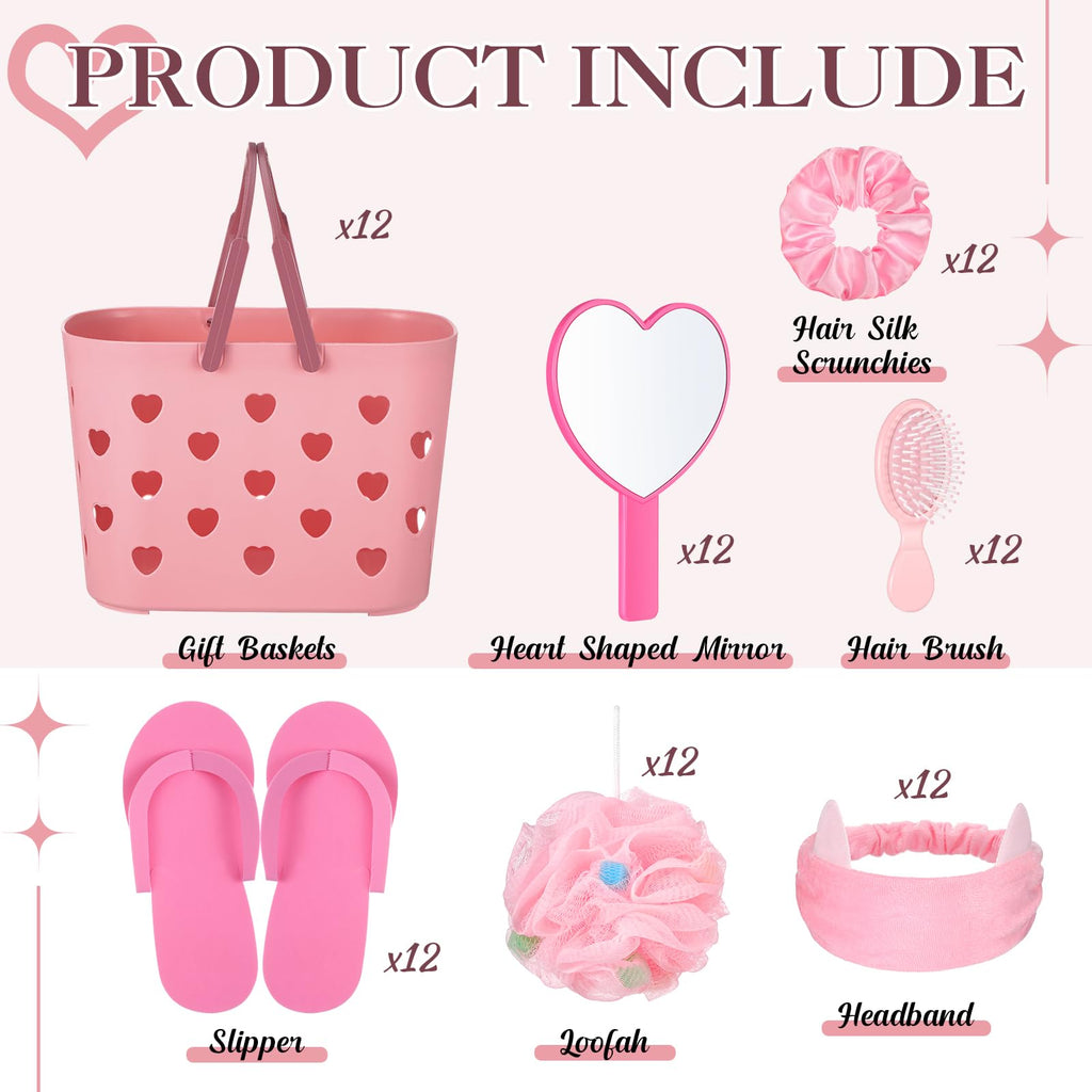 Pickmesh 8-Set Spa Party Supplies Kit for Sleepovers — Pink Baskets, Heart Mirrors, Cat Ear Headbands