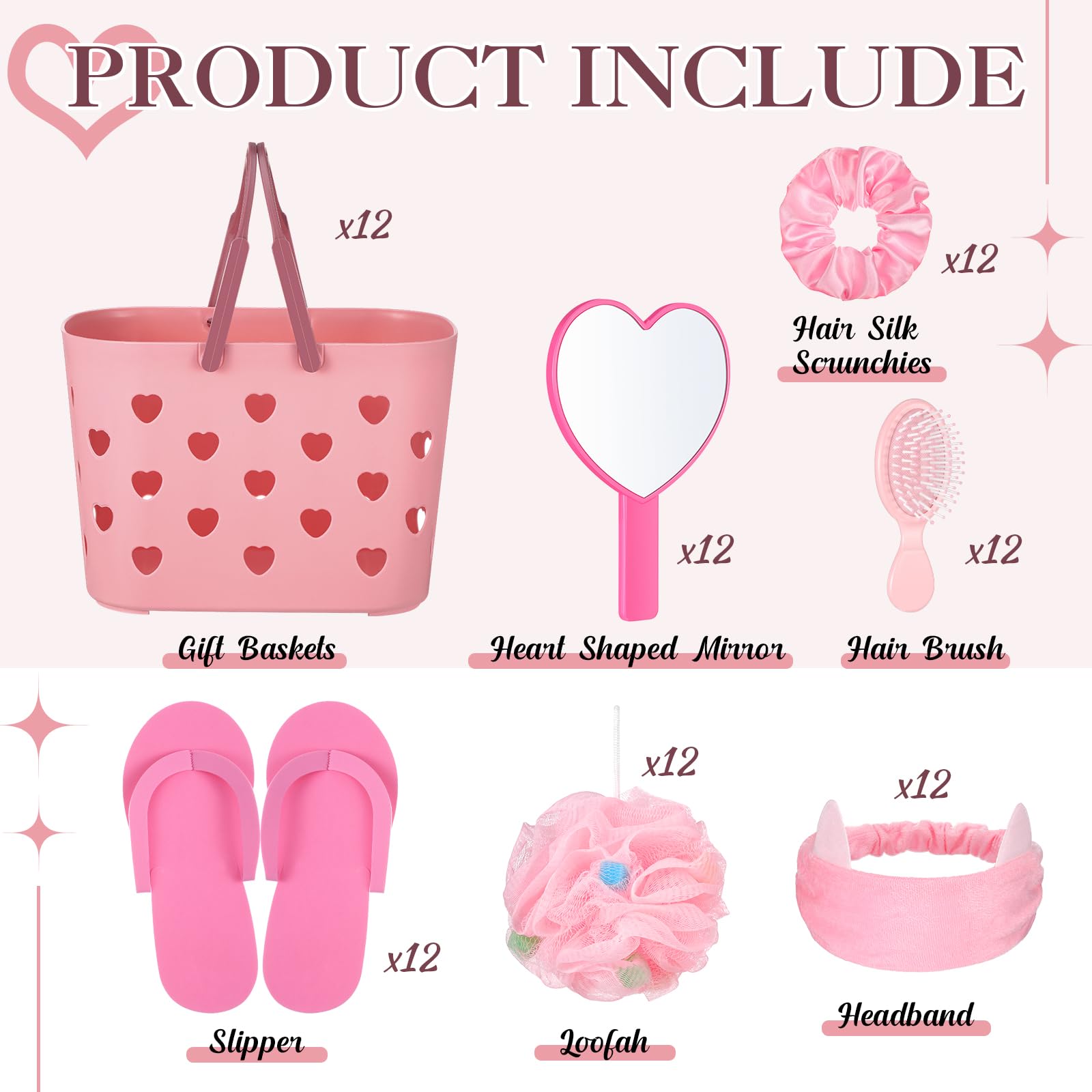 Pickmesh 8-Set Spa Party Supplies Kit for Sleepovers — Pink Baskets, Heart Mirrors, Cat Ear Headbands