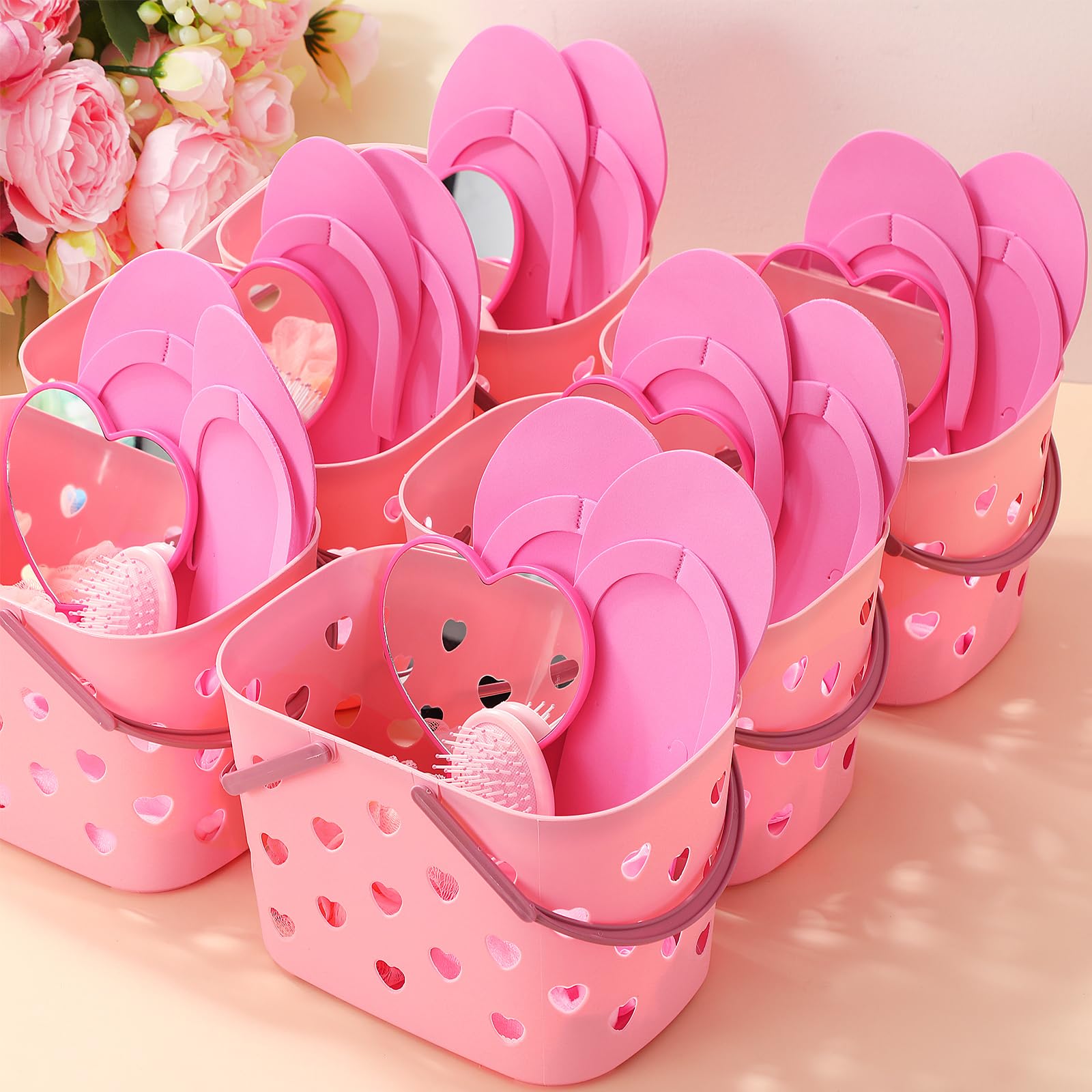 Pickmesh 8-Set Spa Party Supplies Kit for Sleepovers — Pink Baskets, Heart Mirrors, Cat Ear Headbands
