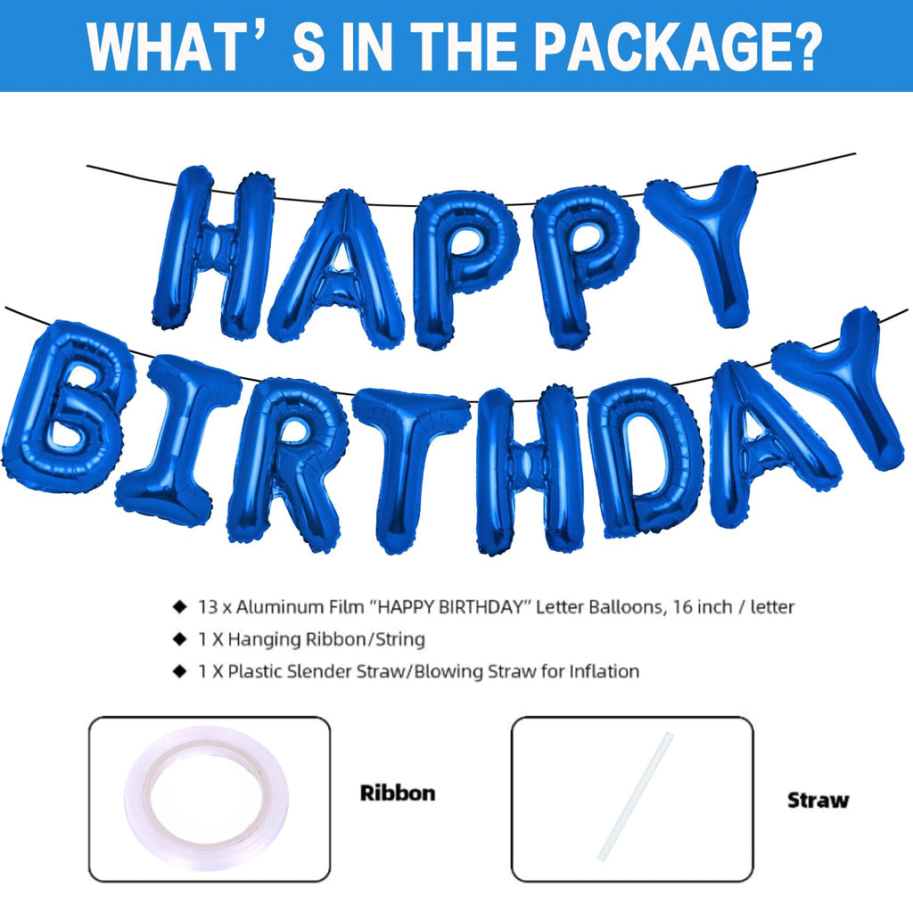 PIGETALE 16-Inch Royal Blue Happy Birthday Balloon Banner – 13 Letter Balloons & Aluminum Foil Decorations