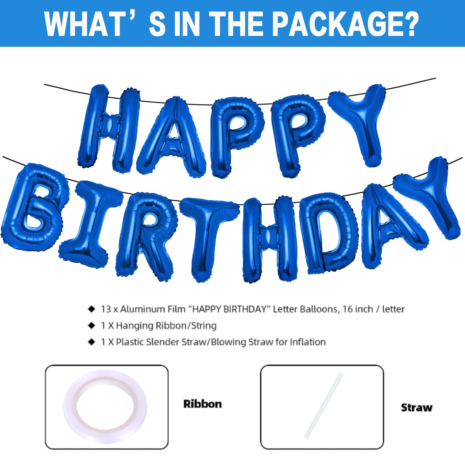 PIGETALE 16-Inch Royal Blue Happy Birthday Balloon Banner – 13 Letter Balloons & Aluminum Foil Decorations