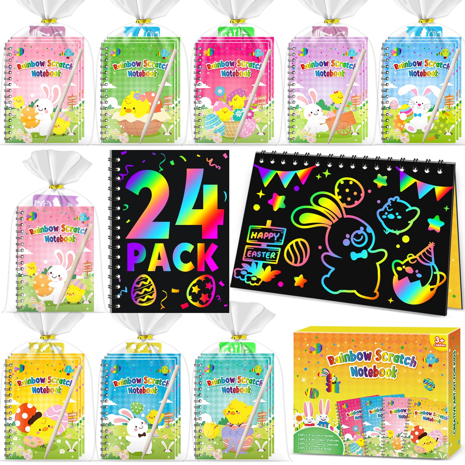 Pigipigi Kids Party Favors – 24-Pack Rainbow Scratch Art Notebooks & Craft Kit