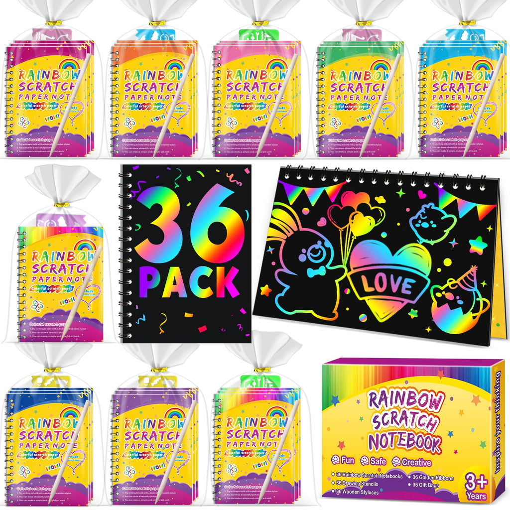 Pigipigi Kids Party Favors: 36-Pack Scratch Rainbow Notebooks & 38-Piece Craft Kit