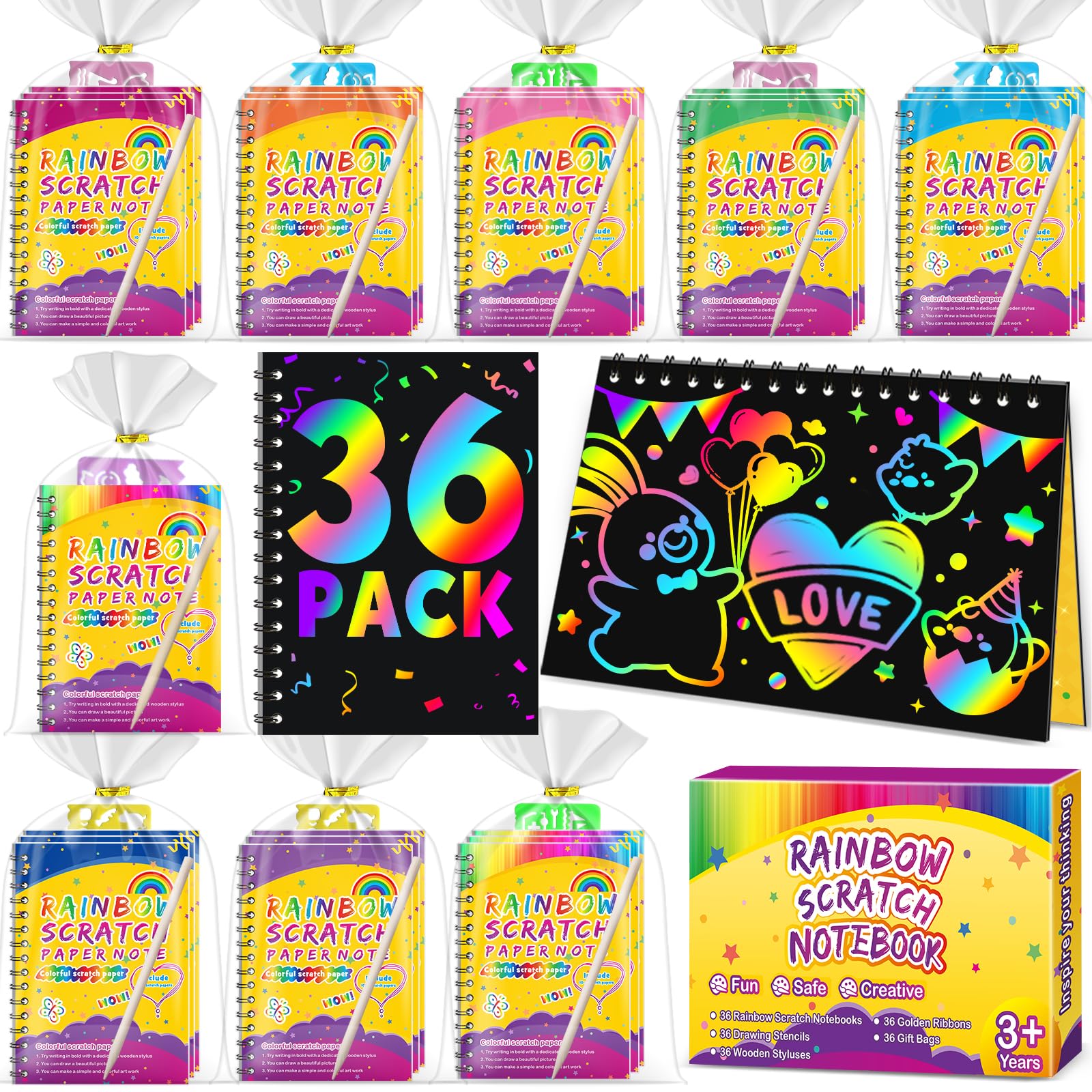 Pigipigi Kids Party Favors: 36-Pack Scratch Rainbow Notebooks & 38-Piece Craft Kit