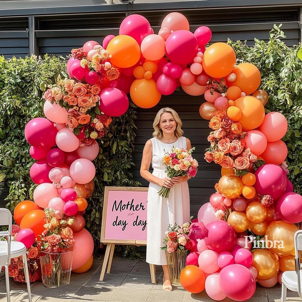 Pinbra Pink Orange Balloon Garland Kit | Double Stuffed Arch with Gold Metallic Pastel Balloons