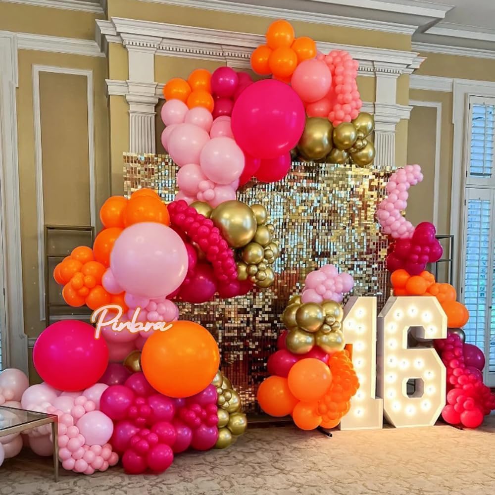 Pinbra Pink Orange Balloon Garland Kit | Double Stuffed Arch with Gold Metallic Pastel Balloons