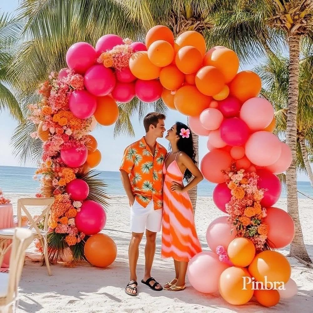 Pinbra Pink Orange Balloon Garland Kit | Double Stuffed Arch with Gold Metallic Pastel Balloons