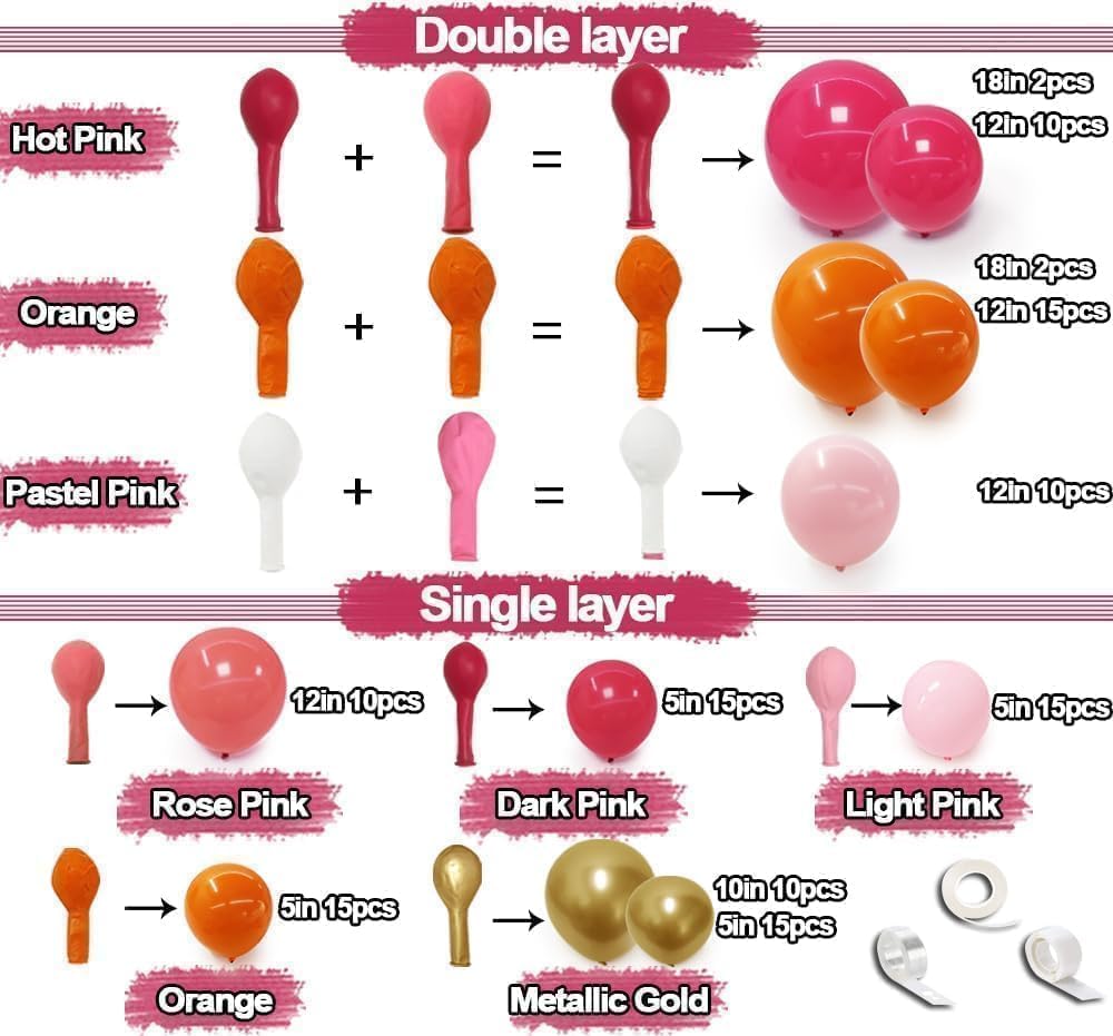 Pinbra Pink Orange Balloon Garland Kit | Double Stuffed Arch with Gold Metallic Pastel Balloons