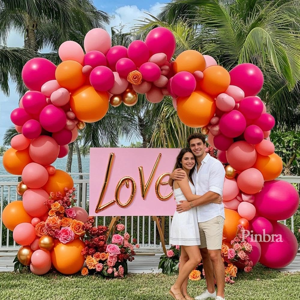 Pinbra Pink Orange Balloon Garland Kit | Double Stuffed Arch with Gold Metallic Pastel Balloons