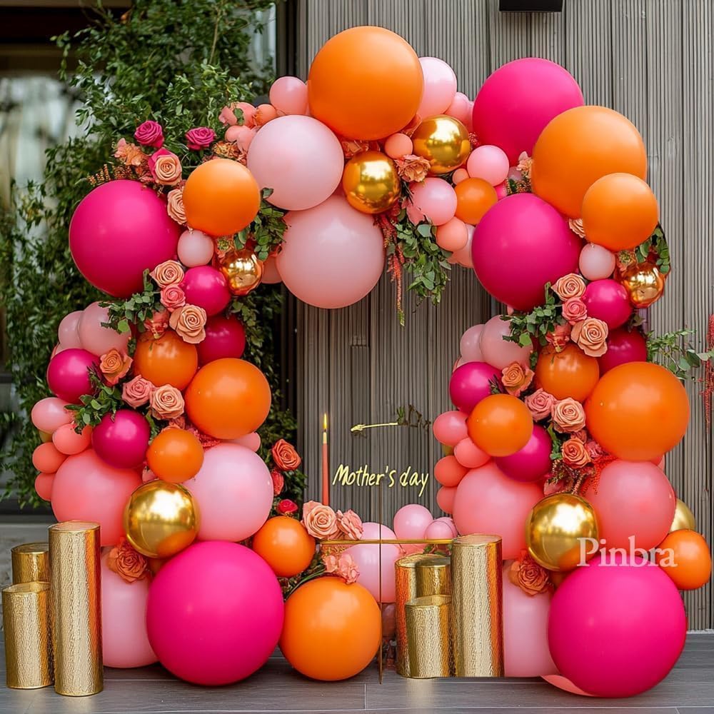 Pinbra Pink Orange Balloon Garland Kit | Double Stuffed Arch with Gold Metallic Pastel Balloons