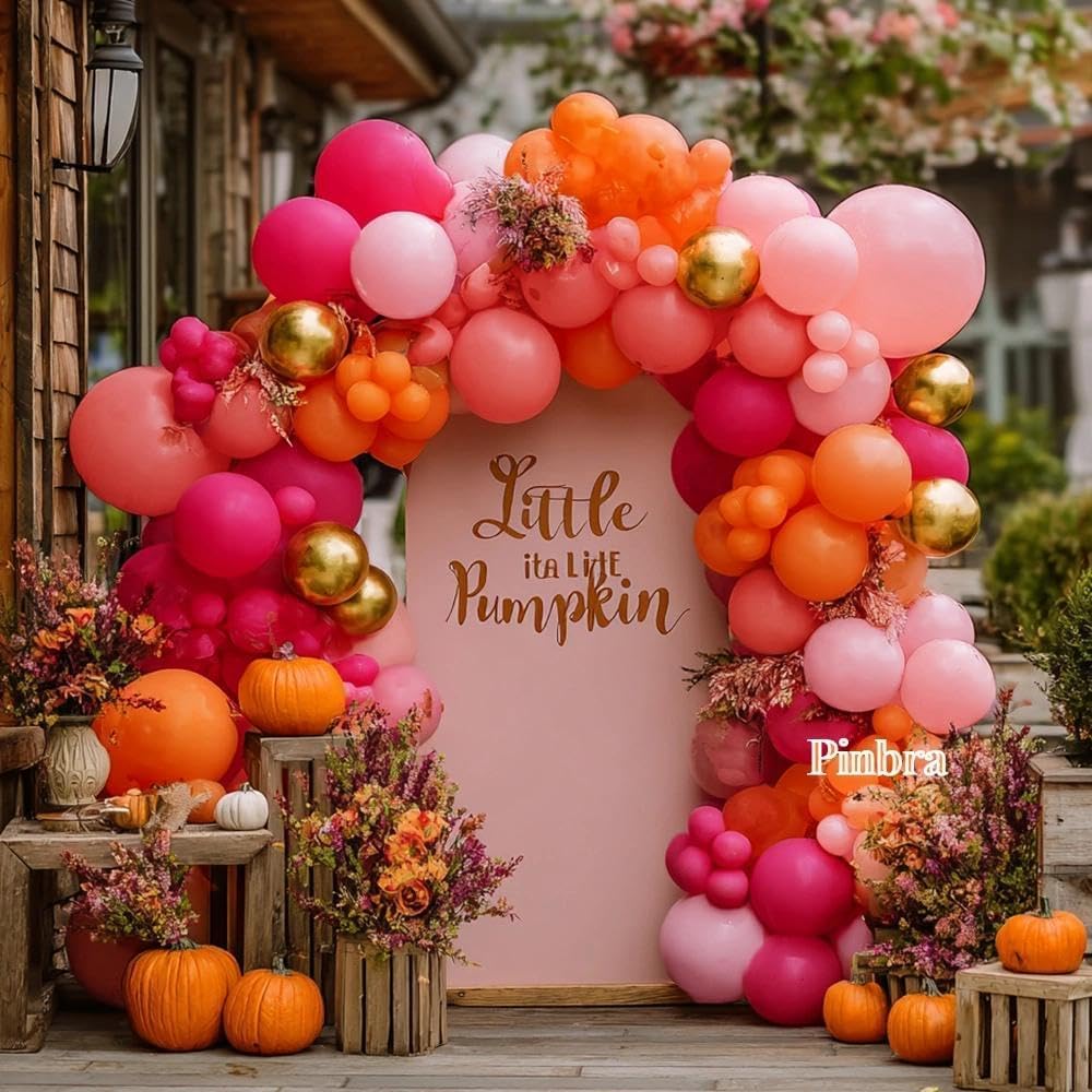 Pinbra Pink Orange Balloon Garland Kit | Double Stuffed Arch with Gold Metallic Pastel Balloons