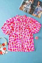Abstract Print Ruffled Stand Neck Button Back Blouse Women UK
