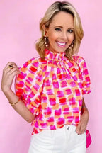 Abstract Print Ruffled Stand Neck Button Back Blouse Women UK