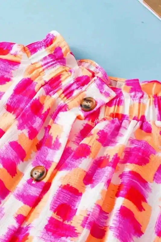 Abstract Print Ruffled Stand Neck Button Back Blouse Women UK