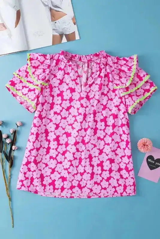Pink Floral Layered Ruffle Sleeve Blouse Women UK