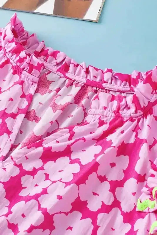 Pink Floral Layered Ruffle Sleeve Blouse Women UK