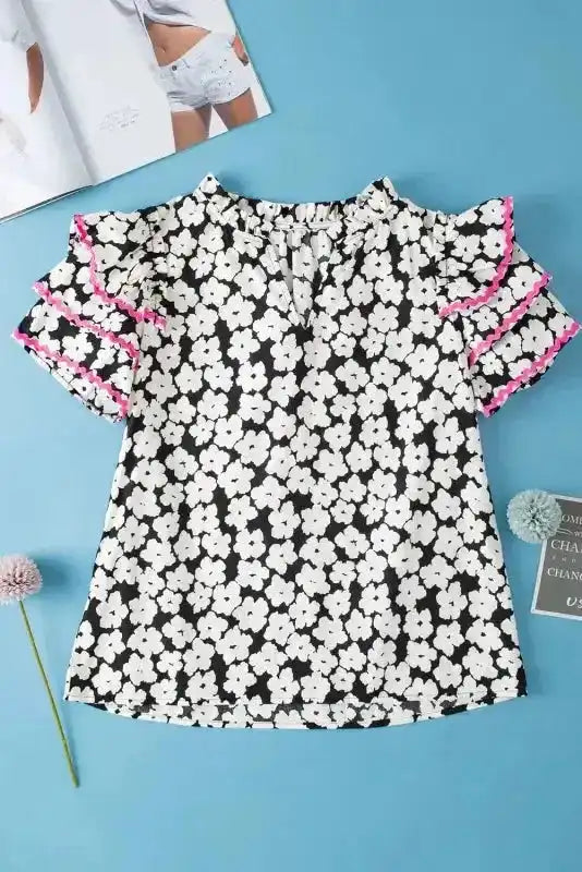 Pink Floral Layered Ruffle Sleeve Blouse Women UK