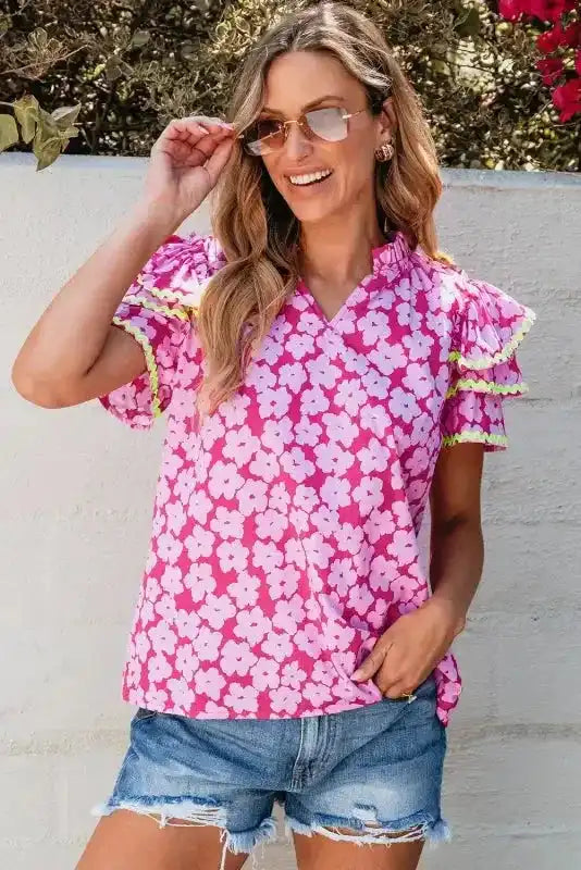 Pink Floral Layered Ruffle Sleeve Blouse Women UK