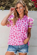 Pink Floral Layered Ruffle Sleeve Blouse Women UK