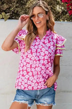 Pink Floral Layered Ruffle Sleeve Blouse Women UK