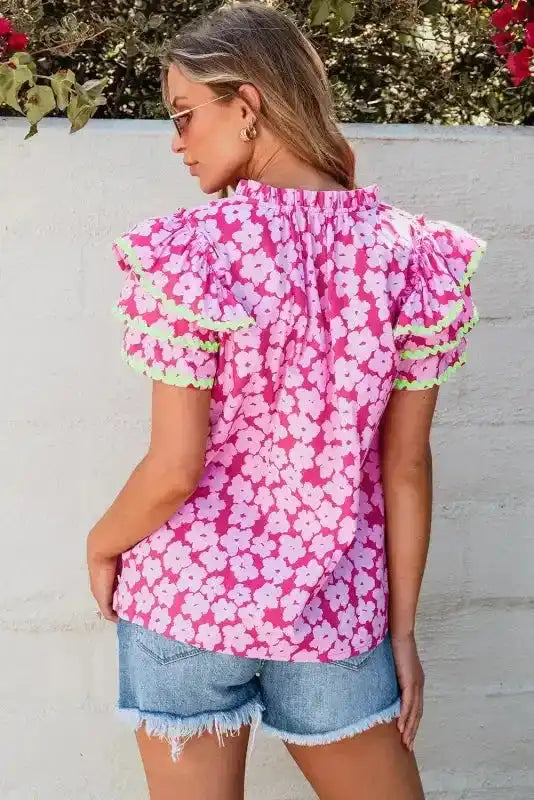 Pink Floral Layered Ruffle Sleeve Blouse Women UK