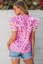 Pink Floral Layered Ruffle Sleeve Blouse Women UK