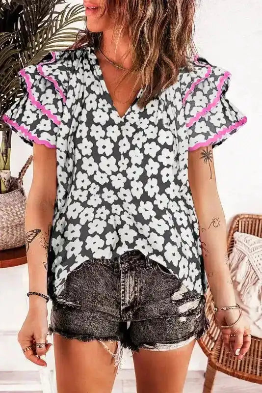 Pink Floral Layered Ruffle Sleeve Blouse Women UK
