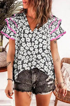 Pink Floral Layered Ruffle Sleeve Blouse Women UK