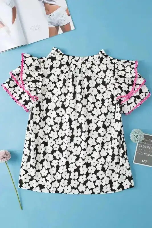 Pink Floral Layered Ruffle Sleeve Blouse Women UK