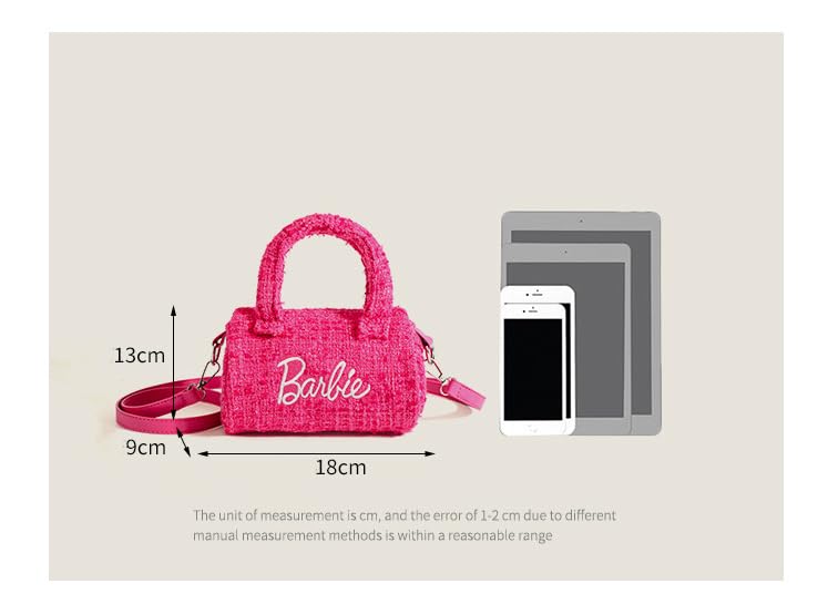 Pink Doll Crossbody Handbag – Barrel Shape, Tweed, Party-Ready Chic