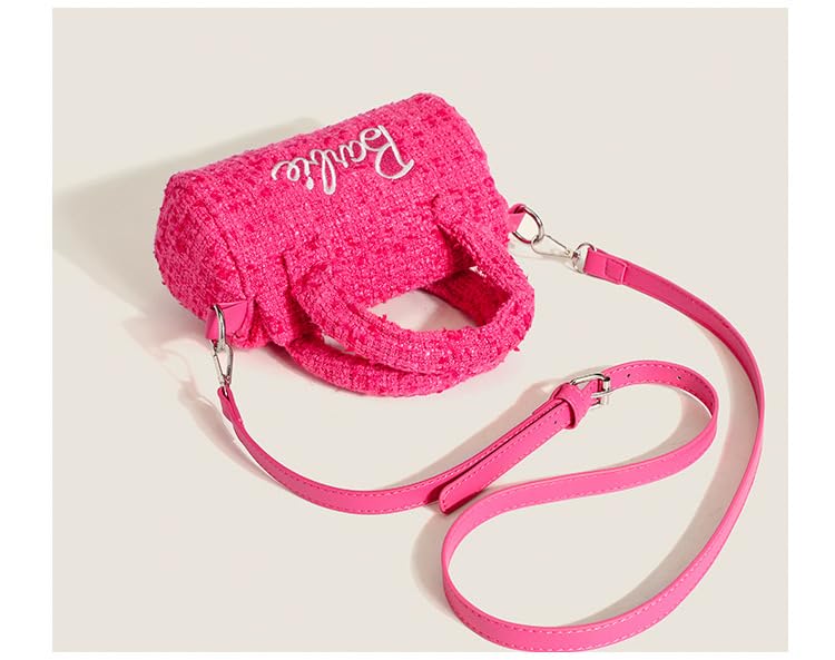 Pink Doll Crossbody Handbag – Barrel Shape, Tweed, Party-Ready Chic
