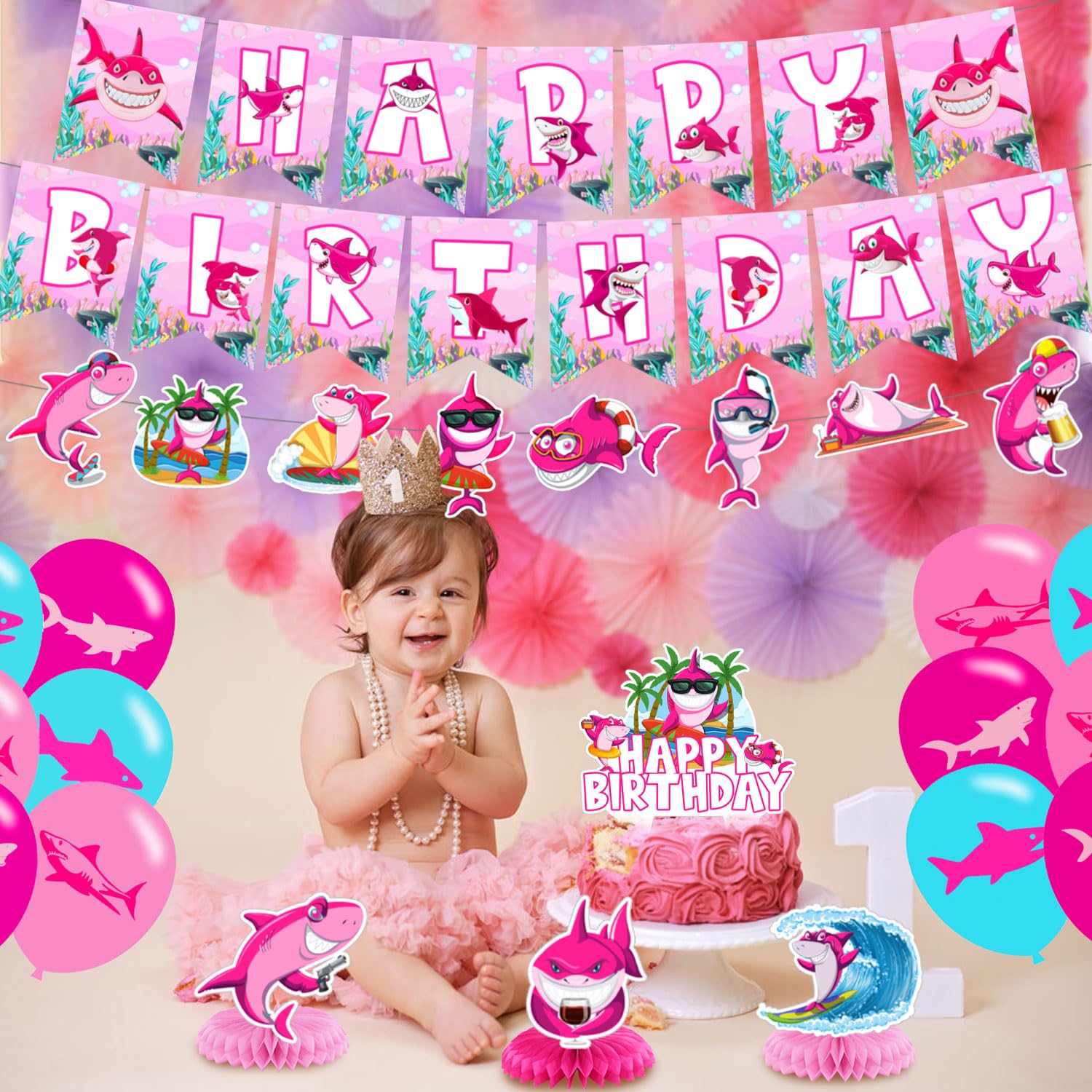 Pink Shark Birthday Decorations for Baby Girl – Balloons, Banners, Centerpieces & Cake Toppers