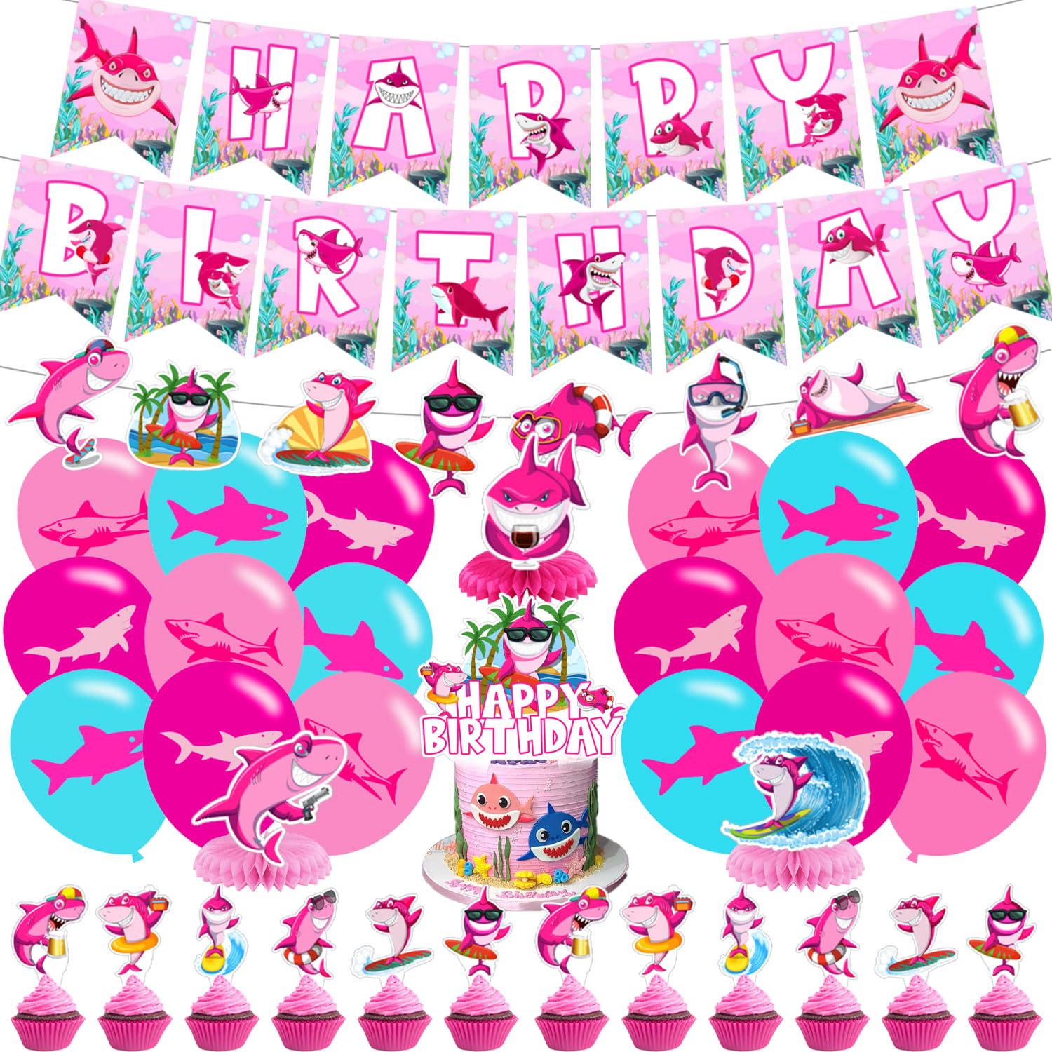 Pink Shark Birthday Decorations for Baby Girl – Balloons, Banners, Centerpieces & Cake Toppers