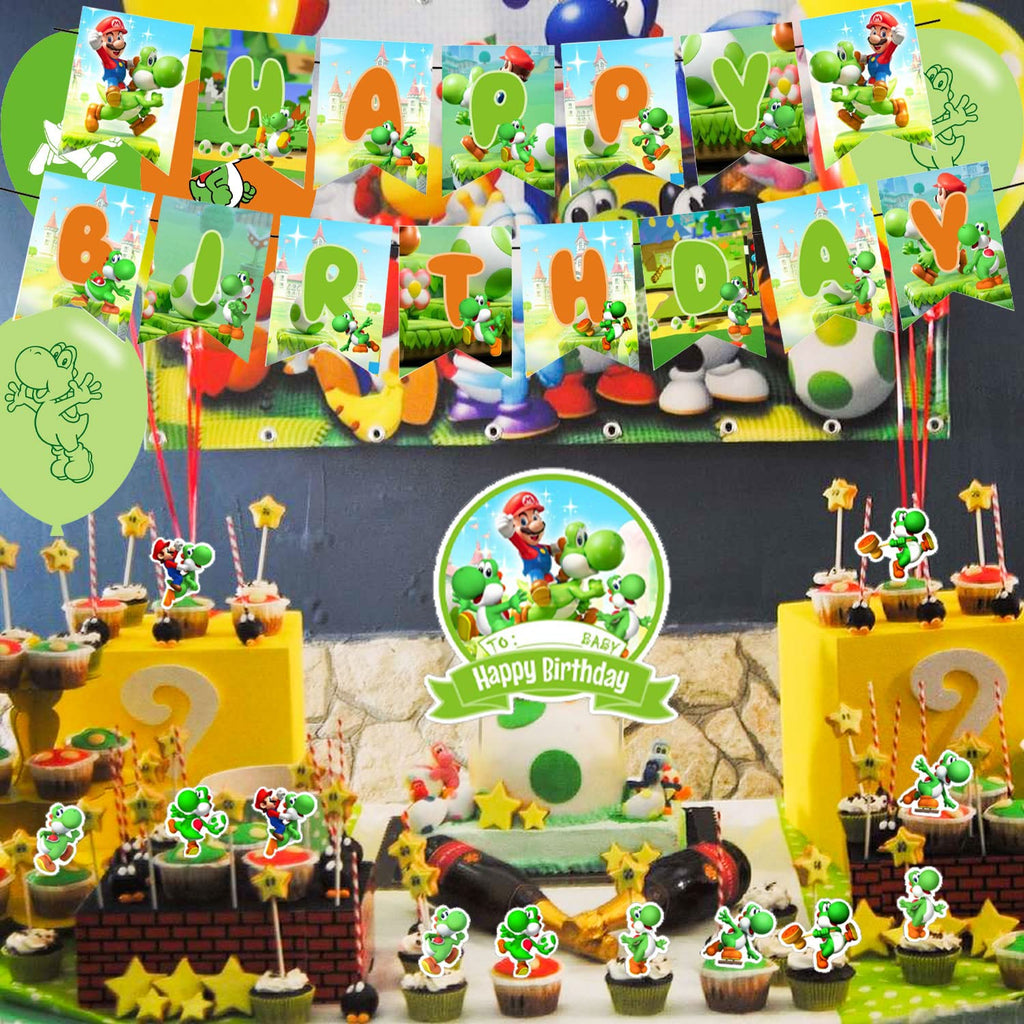 PINUO Yoshi Birthday Party Supplies Pack — Banner, Cake Topper, 18 Balloons & 12 Cupcake Toppers