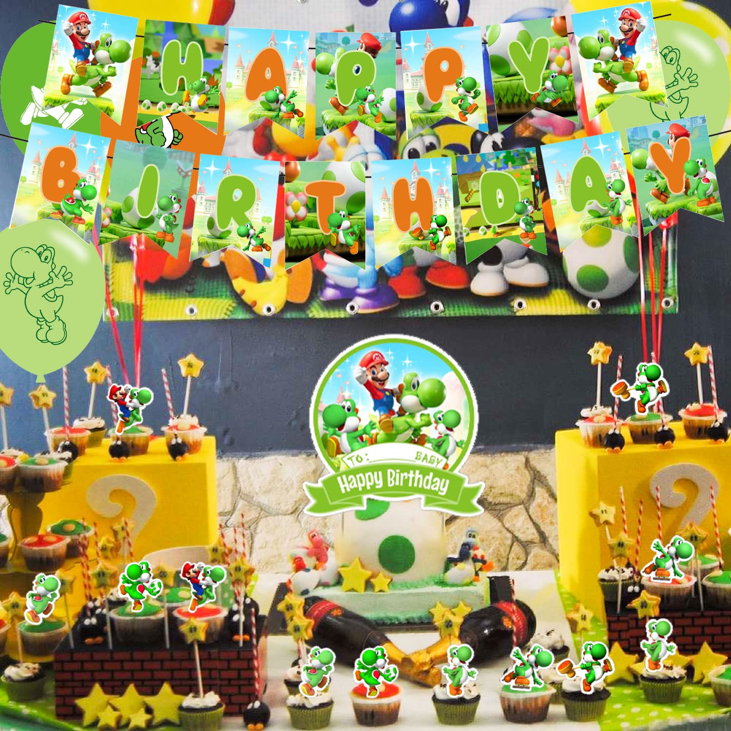PINUO Yoshi Birthday Party Supplies Pack — Banner, Cake Topper, 18 Balloons & 12 Cupcake Toppers