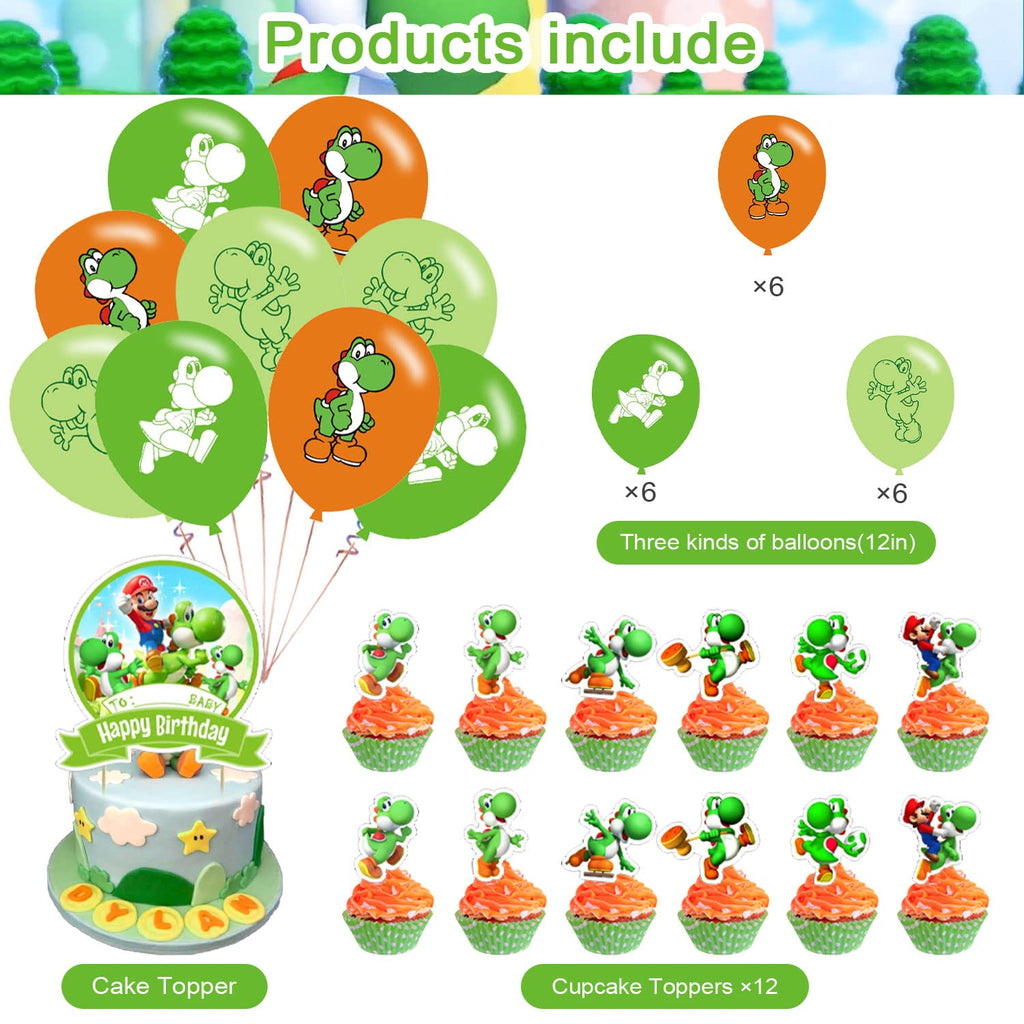 PINUO Yoshi Birthday Party Supplies Pack — Banner, Cake Topper, 18 Balloons & 12 Cupcake Toppers